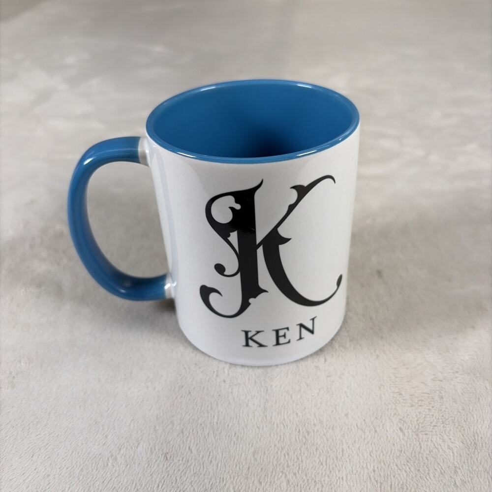 Personalized "K" Ken Gift Coffee Mug Ceramic Cup 11oz Blue Interior Blk Letters